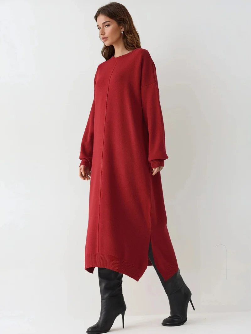 MY FASHION MY FASHION Textured Ribbed Long Knit Dress with Slit Detail